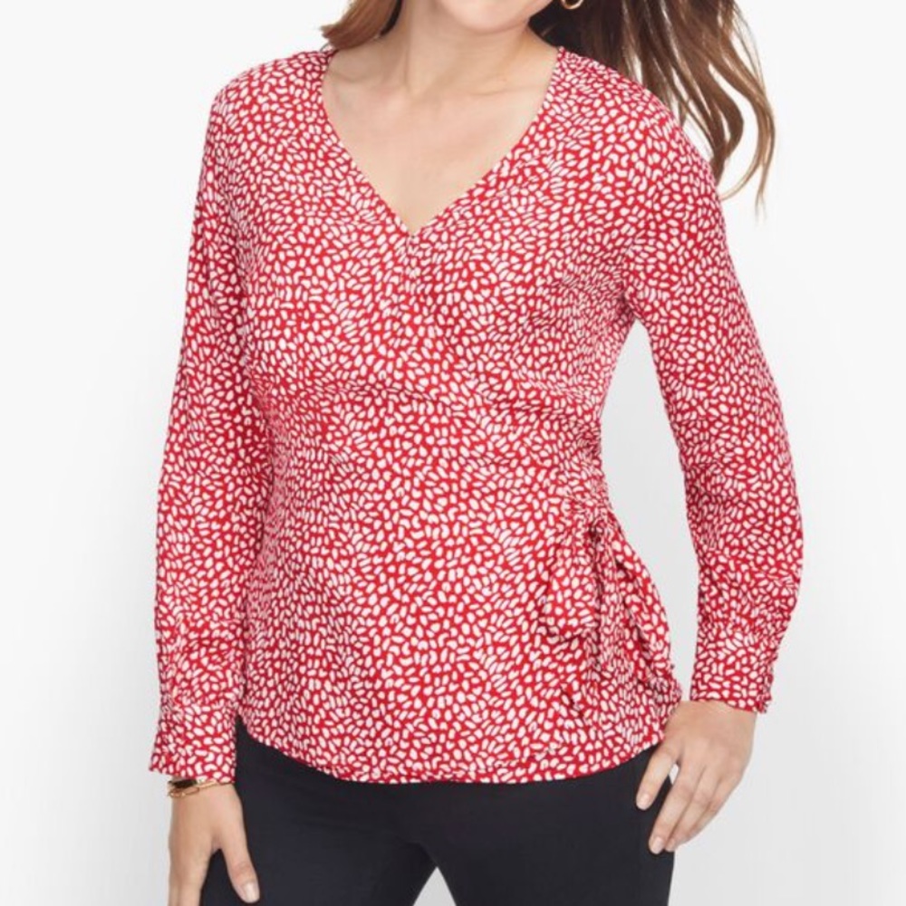Talbots Wrap Blouse Red White Polka Dot Print V-Neck Tie Waist Plus Petite XP
